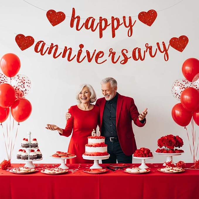 BEISHIDA Glitter Pre-Strung Red Happy Anniversary Banner Decoration | NO DIY - Image 6