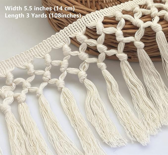 FQTANJU 3 Yards 14cm Wide Tassel Trim, Cotton Tassel Fringe Boho Macrame Tassel - Image 5