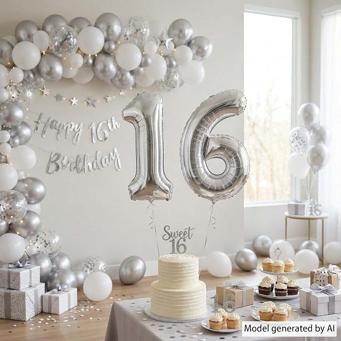 Silver Number 16 Balloon 40 Inch, Sleek Foil - Image 3