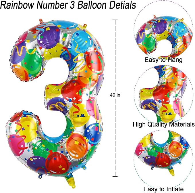 Rainbow Number 3 Balloon, 40 Inch Large Multi-color Mylar Foil Ballons - Image 4