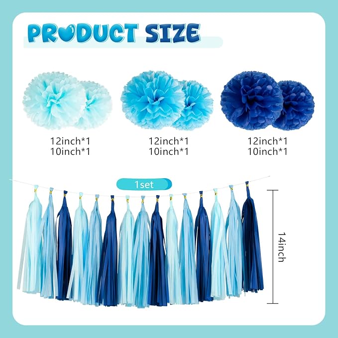 Blue Tissue Paper Tassel Garland 15 Pcs & Tissue Paper Pom Poms 6 Pcs Set - Image 2