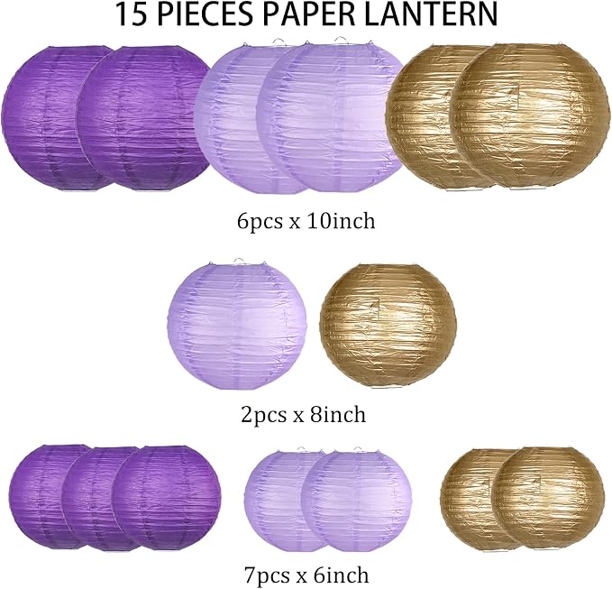 15-Pack Purple Gold Paper Lanterns, Rapunzel Birthday Decorations | 6, 8 & - Image 2