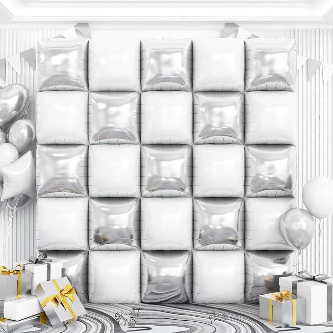 White and Silver Square Foil Balloons Wall Tunnel Backdrop Double Sided by OTLGEUA