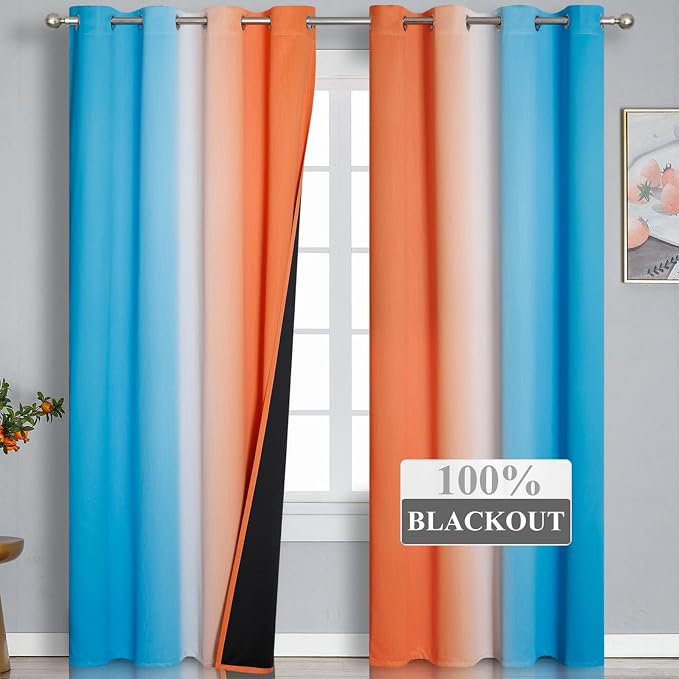 Orange and Blue Blackout Curtains 96 Inches Long, Full Light Blocking Gradient - Image 2