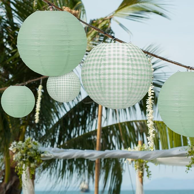 Honoson 12 Pcs Green Gingham Paper Lanterns Decoration10 Inch White and Sage - Image 7