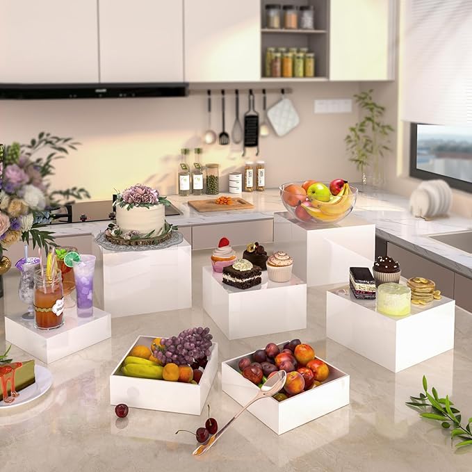 Buffet Risers, Food Display Risers for Party, White Acrylic Risers Display Stand for Buffet Table, Catering Displays for Dessert, Cube Box Nesting Riser with Hollow Bottoms (8"x9"x10" 3PCS)