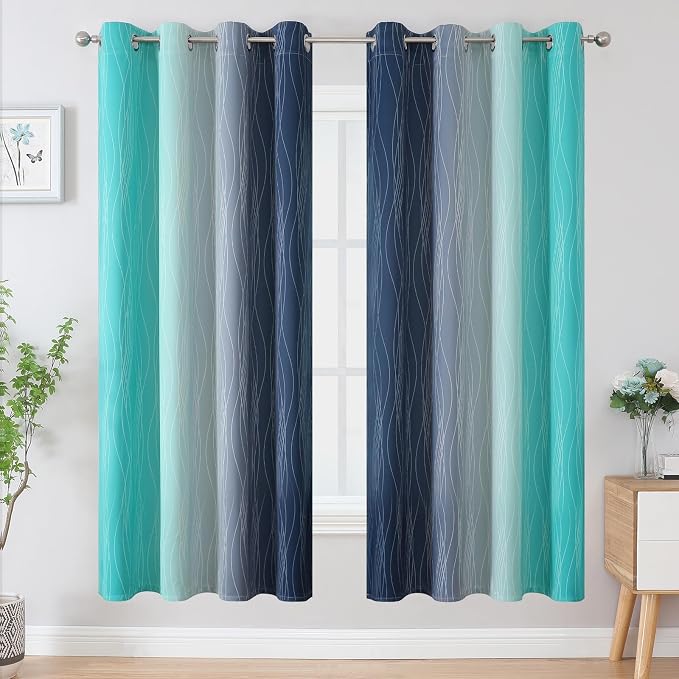Navy Blue and Teal Blackout Curtains 72 Inch Length 2 Panels Set, Full Room - Image 2