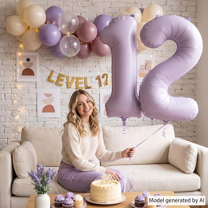 Cream Purple Number 12 Balloon 40 Inch, Foil Digits - Image 6