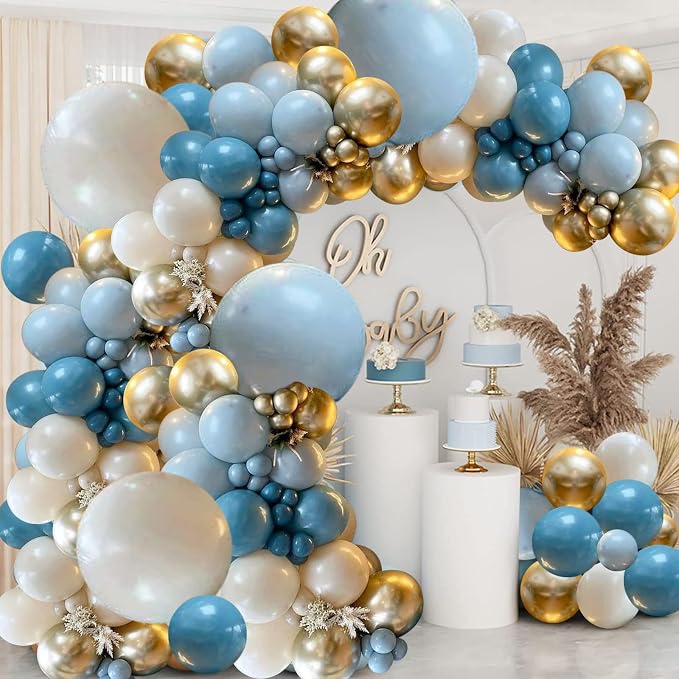 Dusty Blue Balloons Garland Kit, Fog Sand White Gold, Party Decor | Royal by Zesliwy