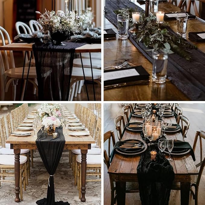 Black Cheesecloth Table Runner -21*120Inch Long Boho Wedding Table Decor, Rustic Gauze Fabric Runner for Bridal Showers, Baby Showers & Parties (Sheer, Lightweight, Wrinkled Design)