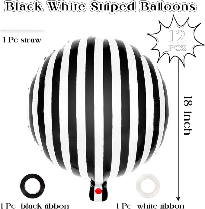 12 Pcs Black and White Striped Balloons, 18 Inch Halloween Foil Balloon - Image 2