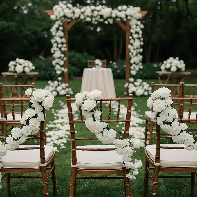 2 Pcs White Artificial Rose Vine Hanging Fake Flowers Garland for Wedding Anniversary Birthday Party Background Arch Garden Home Wall Room Decor