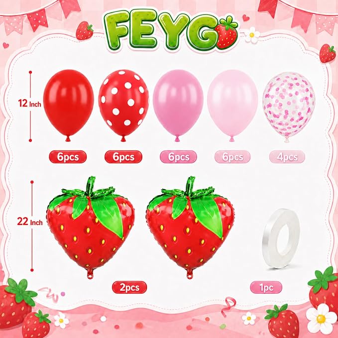 Strawberry Balloons for Sweet Party Decor | 12 Inch Red Pink Strawberry Printed - Image 2