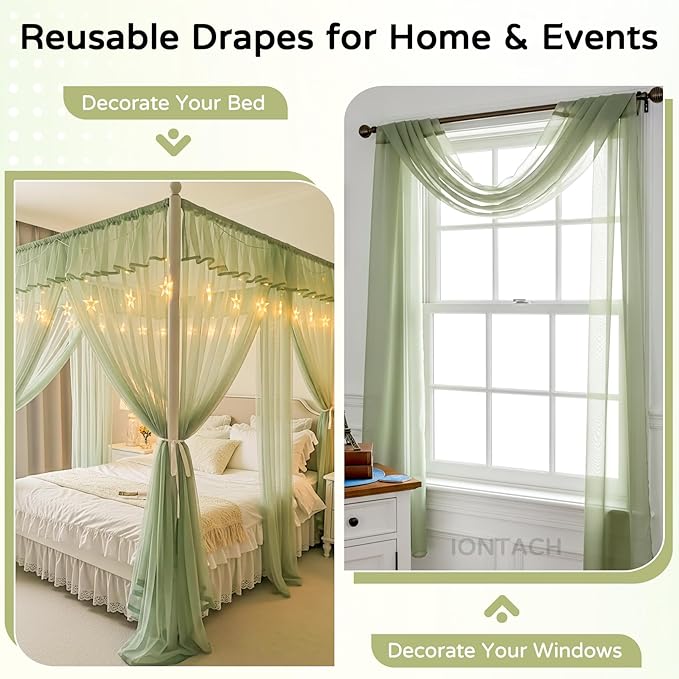 Wedding Arch Draping Fabric 29" x 19Ft Sheer Drapes for Backdrop Wedding Ceremony Reception Ceiling Decor Curtain Baby Bridal Shower Decoration (Sage Green, 3 Panels)