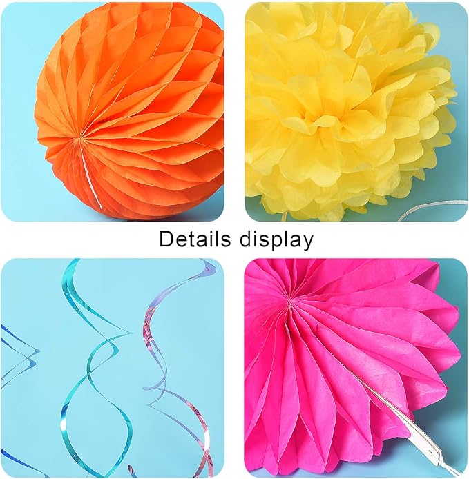 Colorful Paper Party Decorations, Tissue Paper Flower&Party Pom Poms wth Swirl - Image 4