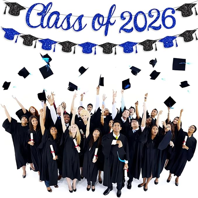 Class of 2026 Banner Graduation Decorations Class of 2026 Blue Glitter Congrats - Image 3