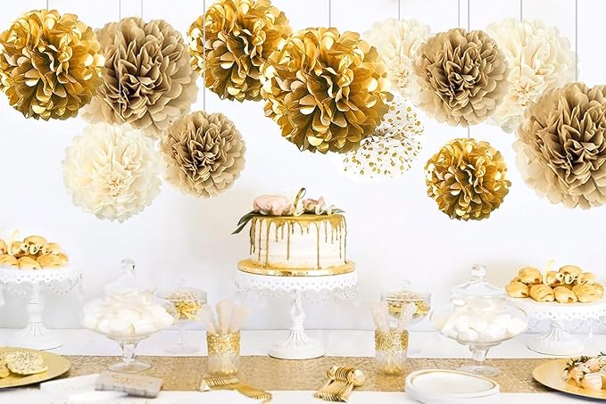 Gold White Party Decorations, Pompoms Flowers - Image 3