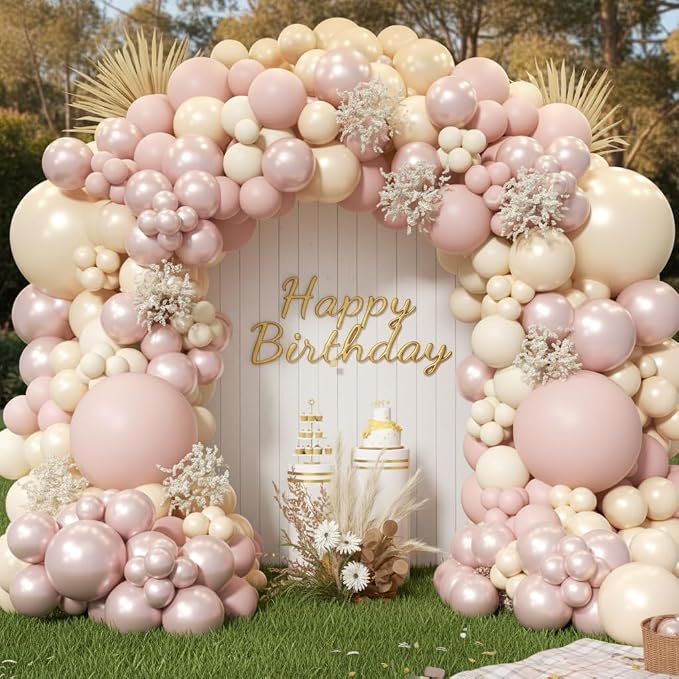 Boho Dusty Pink Balloon Arch Garland Kit 153pcs, Double Stuffed White Pearl - Image 7