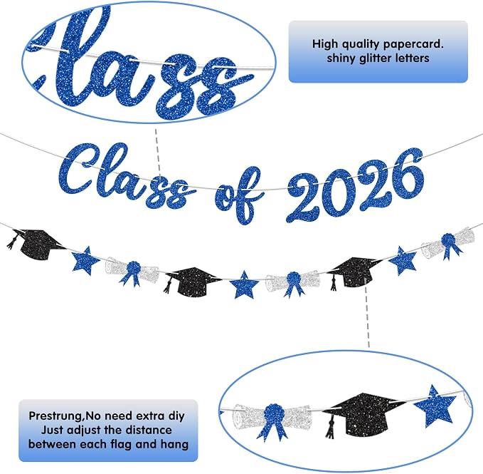 Class of 2026 Banner Blue Graduation Decorations Prestrung 2026 Graduation - Image 3