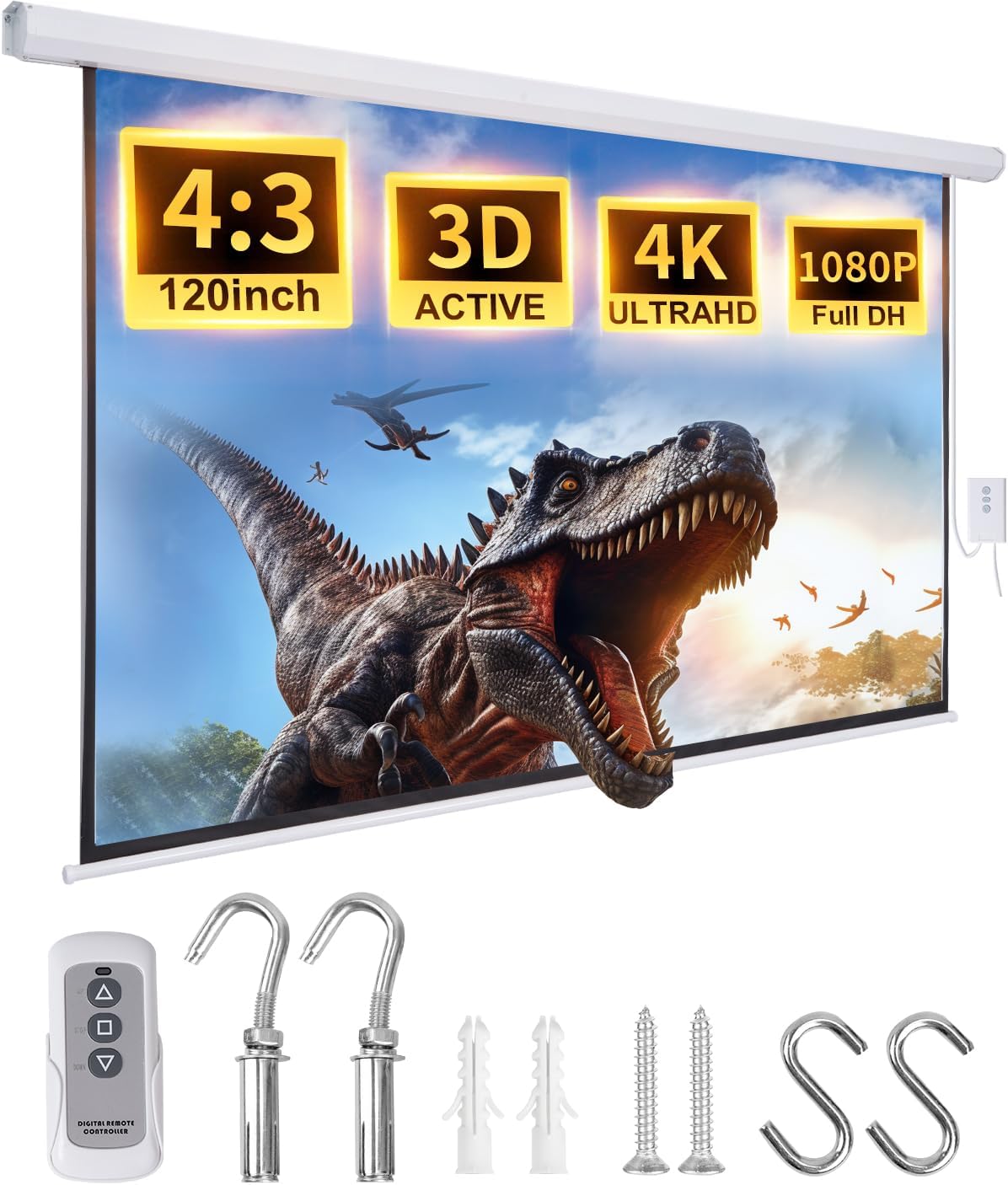 Projector Screen Pull Down 120 Inch Automatic Projector Screen with Remote Control and Ceiling Mount Hooks, Electric Motorized Projection Screen Retractable White Movie Screen 4:3 Outdoor Indoor