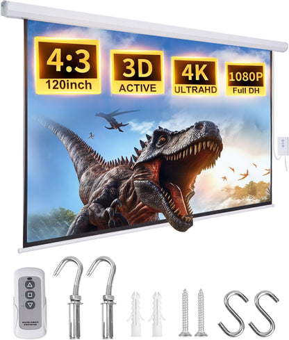 Projector Screen Pull Down 120 Inch Automatic Projector Screen with Remote Control and Ceiling Mount Hooks, Electric Motorized Projection Screen Retractable White Movie Screen 4:3 Outdoor Indoor