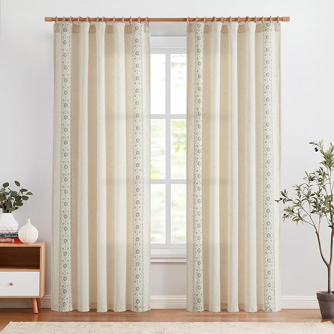 jinchan Floral Linen Curtains Embroidered Back Tab 50x90in 2 Panels Sage | - Image 3