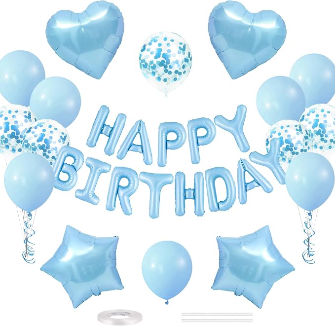 CANREVEL Happy Birthday Banner Decoration + 30pcs Star Balloons, Light Blue | by CANREVEL
