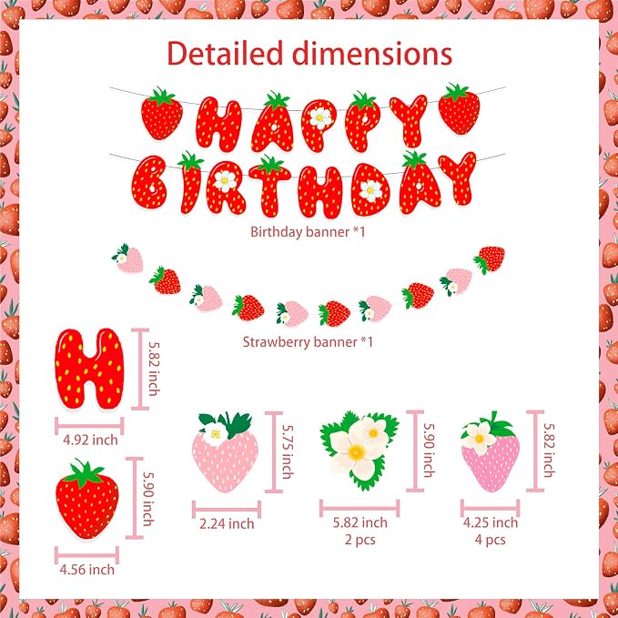 MEETINGU Strawberry Happy Birthday Banner Set, Strawberry Themed Birthday Party - Image 2