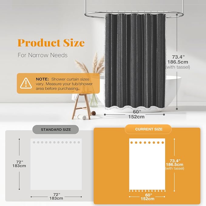 60x72 Boho Farmhouse Linen Heavy Duty Shower Curtain, Charcoal Grey | Narrow - Image 3