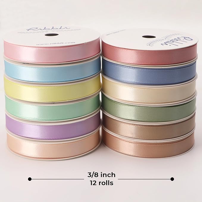 Ribbli Pastel Easter Satin Ribbon 3/8 Inch x 12 Rolls Total 60 Yards- Morandi - Image 2