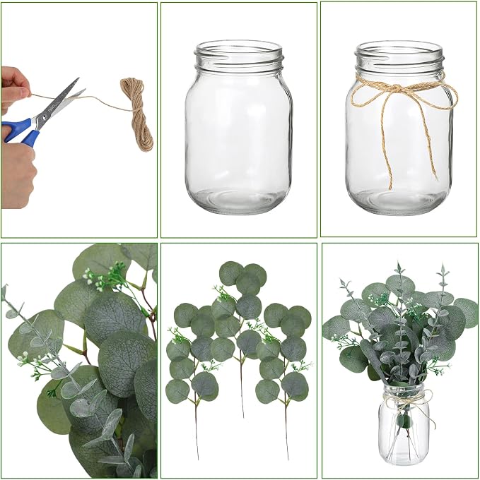 XunYee 10 Set Mason Jars for Centerpieces, Light Green, Eucalyptus | Mason Jar - Image 3