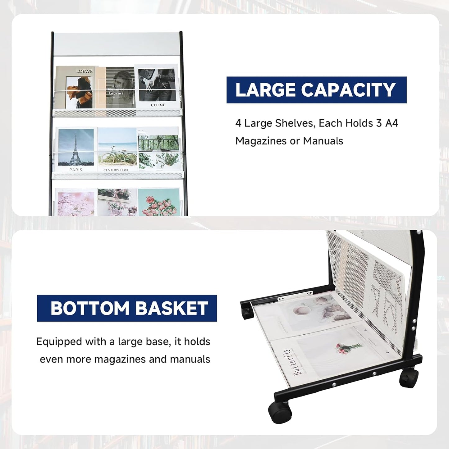 4-Tier Floor-Standing Magazine Rack with Wheels – Perfect Brochure Display Stand for Exhibitions, Offices, and Information Hubs