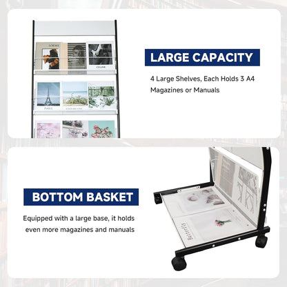 4-Tier Floor-Standing Magazine Rack with Wheels – Perfect Brochure Display Stand for Exhibitions, Offices, and Information Hubs