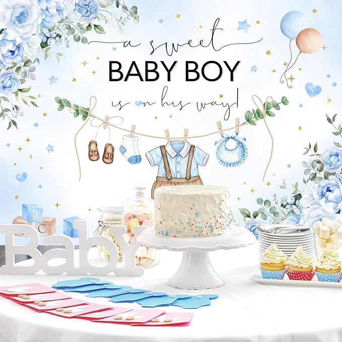 InMemory Blue Baby Shower Backdrop Oh Baby Clothes Welcome Newborn Party - Image 4