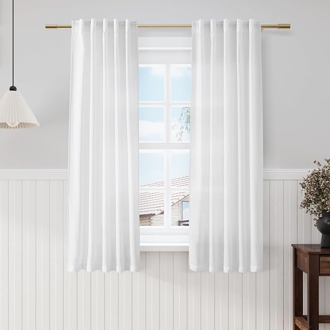 White Kitchen Curtains 63 Inch Length 2 Panels Set Linen Blend Back Tab Privacy by Nanspring