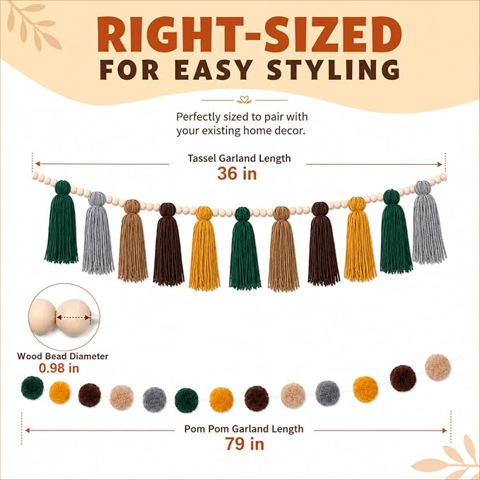 Syhood 3 Pcs 79" 2 Pom Pom Garland Wall Decor and 36" 1 Boho Tassel Garland - Image 2