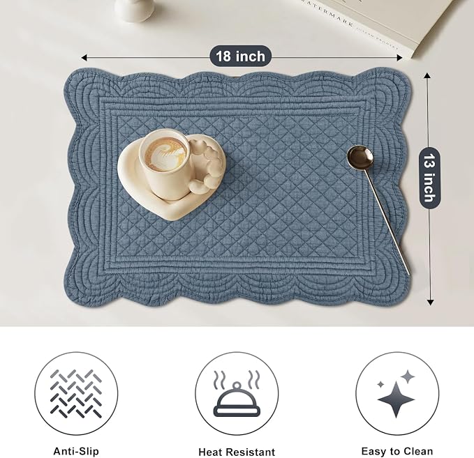 6 PC Quilted Placemats, 100% Cotton Fabric Washable Cloth Table Mats - Image 3