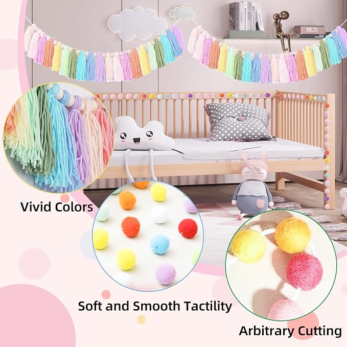 2 PCS Rainbow Boho Tassel Garland, 6.5 Feet Pom Pom Tassel 20 Felt Balls - Image 3
