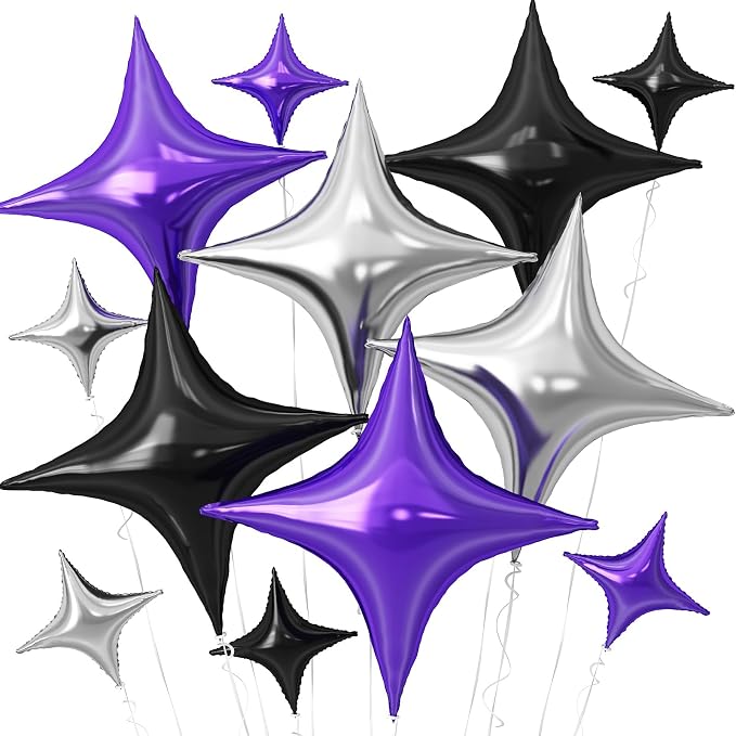 Black Purple Silver Star Balloons, 26Inch and 10Inch Black Silver Quadrangle by Adorely