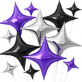 Black Purple Silver Star Balloons, 26Inch and 10Inch Black Silver Quadrangle by Adorely