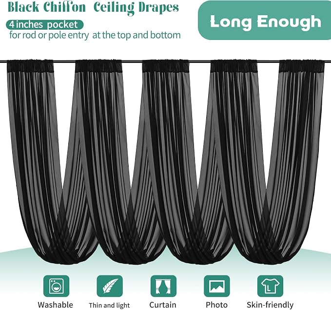 4 Panels Black Ceiling Drapes for Wedding 5ftx30ft Arch Draping Fabric Sheer - Image 3