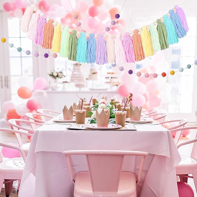 2 PCS Rainbow Boho Tassel Garland, 6.5 Feet Pom Pom Tassel 20 Felt Balls - Image 4