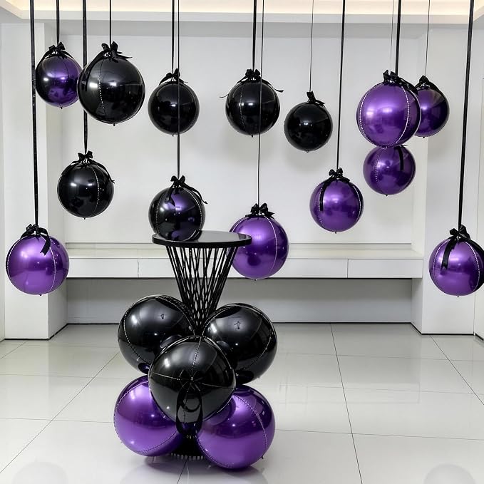 9 Pcs Black Purple Round Foil Balloons Black Metallic Dark Purple Chrome 4D - Image 7