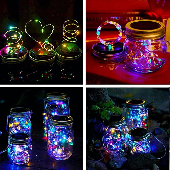 VOOKRY 6 Pack Solar Mason Jar Lights, 30 LED Mason Jar Lids Waterproof Firefly Fairy String Lights with 6 Hangers(No Jars), for Outdoor Patio Garden Yard Lawn Party Wedding Decoration - Multicolor