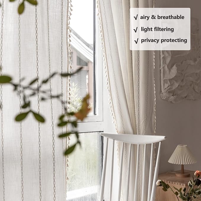 Boho Curtains - Embroidery Linen and Cotton 63 Inch Length 2 Pannels - Image 4