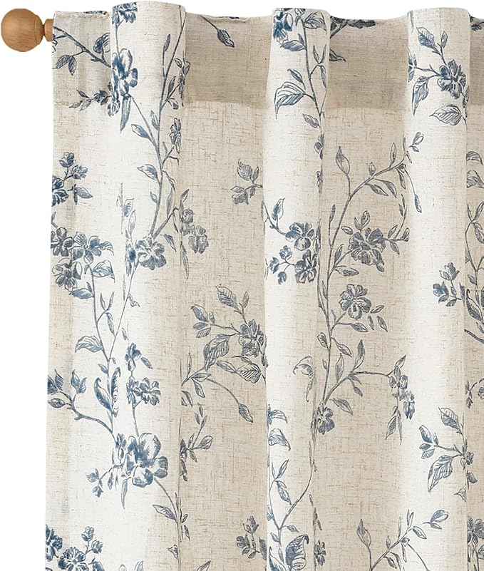 jinchan Blue Floral Linen Curtains 63 Inch French Country Back Tab 2 Panels | - Image 2