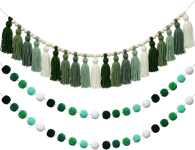 Hahafelt 3 Pcs Sage Green Tassel Garland, Pom Pom Tassel Garland, Boho Fabric by Hahafelt