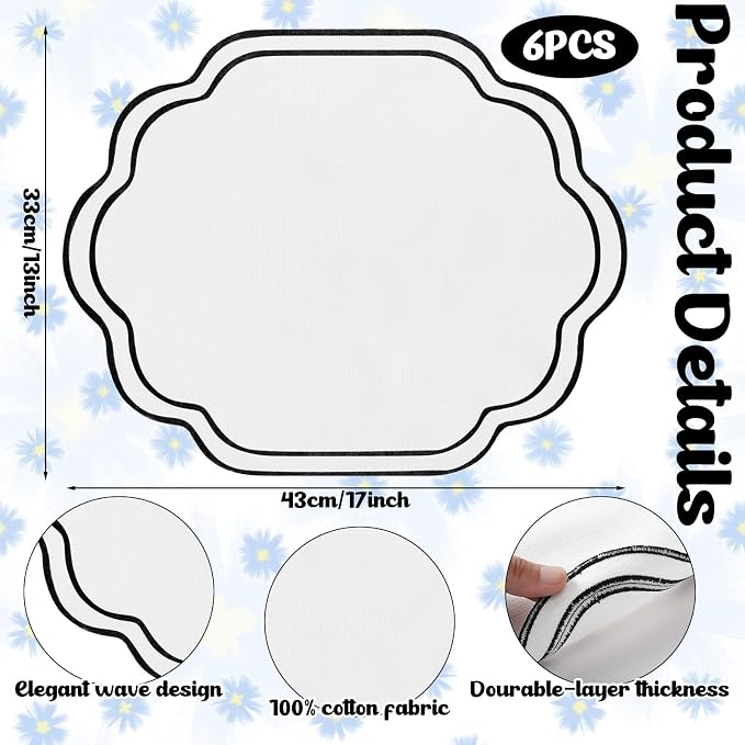 6 Pcs Black and White Wedding Placemats Scalloped Embroidered Cotton Linen - Image 2