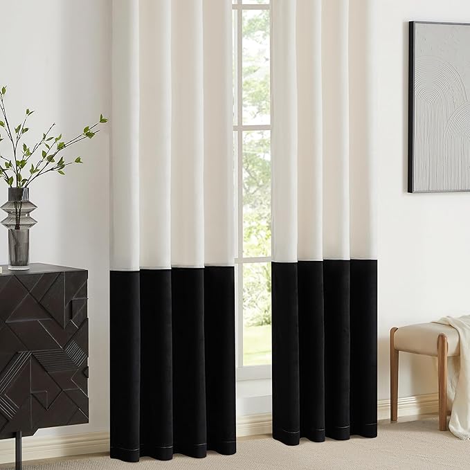 Modern Cream White Black Decorative Velvet Curtains 90 inches 2 Panels | Color - Image 4