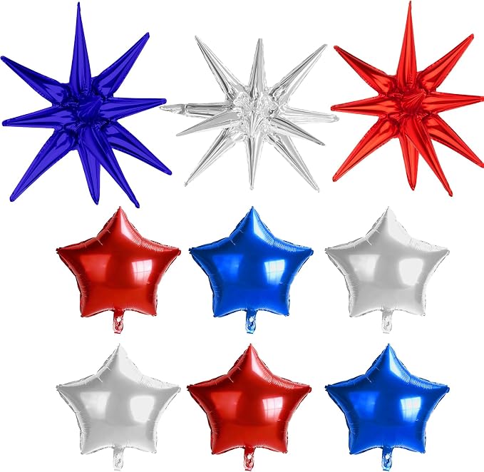 4th of July Red Blue Silver Star Balloons, 22Inch Explosion Balloons by Nudoraw